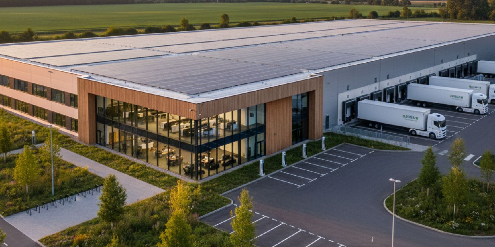 Modern logistics hall with solar panels on the roof and green areas in the foreground, symbolizes sustainability and BREEAM certification in the logistics real estate industry.